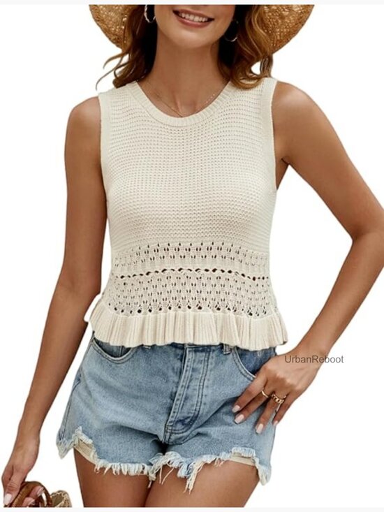 Tops - Crochet Crop Tank Top Sleeveless Knit Sweater Vest Ruffle Hem